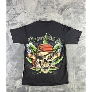 Y2K Pirates of the Cannabis Skull Graphic Tee Men's M Black Smoking Weed Bones